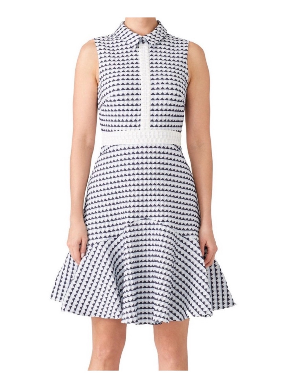Shoshanna Navy and White Geometric Sleeveless Fit-and-Flare Dress